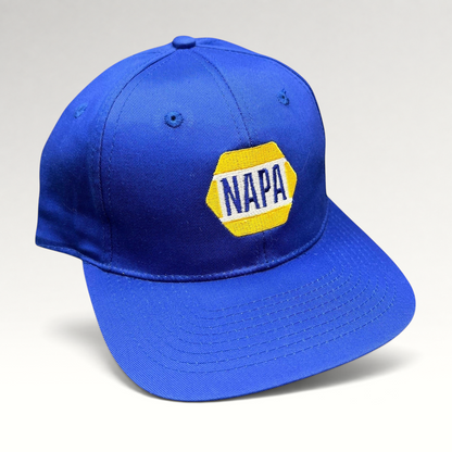 Raree Finds vintage royal blue NAPA Racing snapback hat with embroidered yellow and white hex logo on front panel