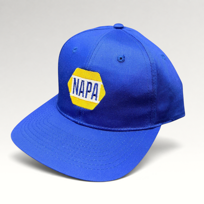 Raree Finds vintage royal blue NAPA Racing snapback hat with yellow and white embroidered hex logo on front panel