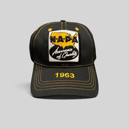 Raree Finds vintage black cotton NAPA Auto Parts strapback cap with yellow 1963 embroidery and quality patch