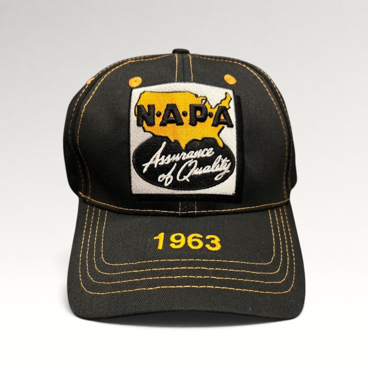 Raree Finds vintage black cotton NAPA Auto Parts strapback cap with yellow 1963 embroidery and quality patch