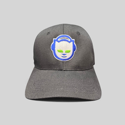 Raree Finds vintage Y2K black flex hat featuring an embroidered blue and green Napster cat logo on the front