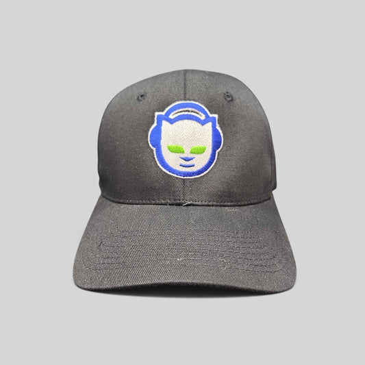 Raree Finds vintage Y2K black flex hat featuring an embroidered blue and green Napster cat logo on the front