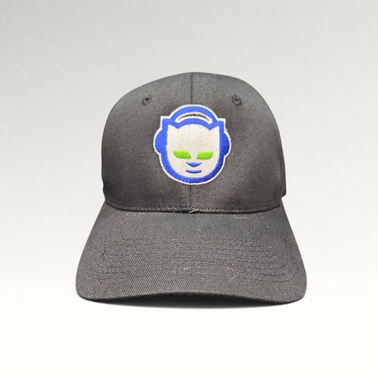 Raree Finds vintage Y2K black flex hat featuring an embroidered blue and green Napster cat logo on the front