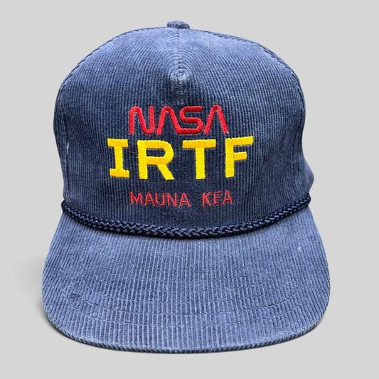 Raree Finds vintage navy blue corduroy NASA IRTF Mauna Kea snapback hat with rope detail and red and yellow embroidery