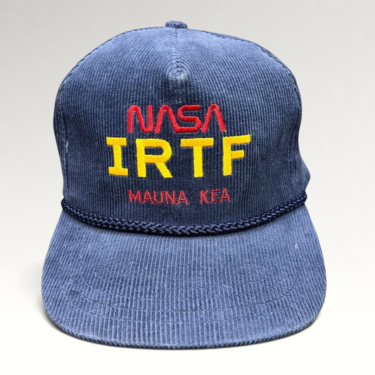 Raree Finds vintage navy blue corduroy NASA IRTF Mauna Kea snapback hat with rope detail and red and yellow embroidery