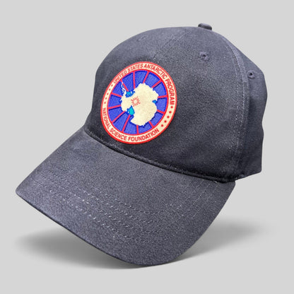Raree Finds navy cotton strapback hat featuring a United States Antarctic Program and NSF embroidered patch