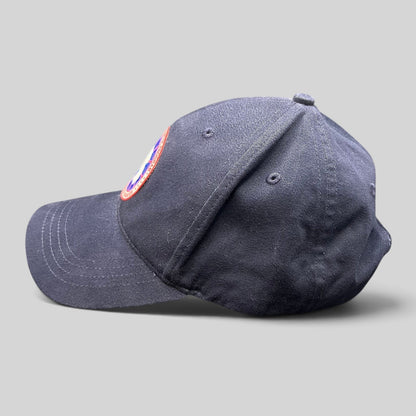 Raree Finds navy blue cotton strapback hat with US Antarctic Program NSF patch, side profile view.