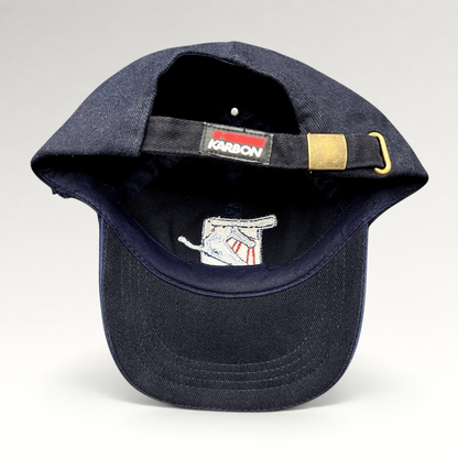 Raree Finds navy blue 2002 Aspen Winternational cotton strapback hat with Karbon branding and brass buckle closure