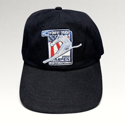 Raree Finds navy blue 2002 Aspen Winternational cotton strapback hat with embroidered Chevy Truck and skier graphic