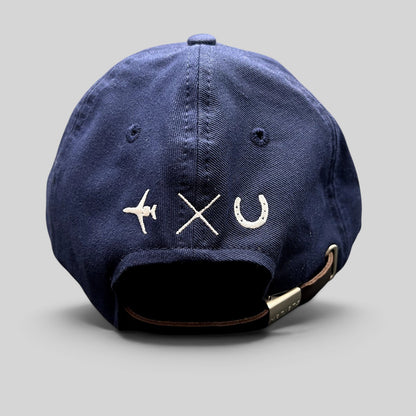 Raree Finds navy blue cotton strapback hat with aviation embroidery on the back and a genuine leather adjustable strap