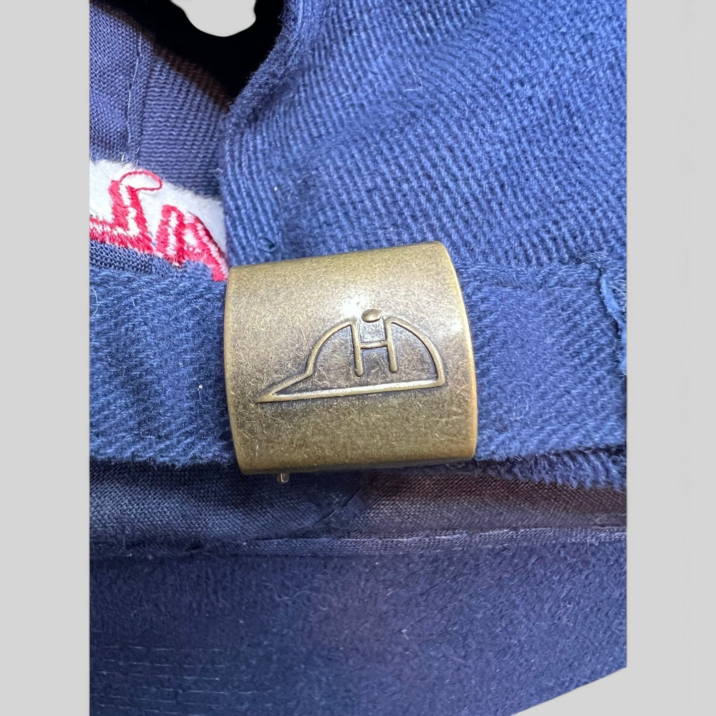 Raree Finds vintage navy blue cotton dad cap featuring a brass strapback clasp with the Headmaster Inc logo