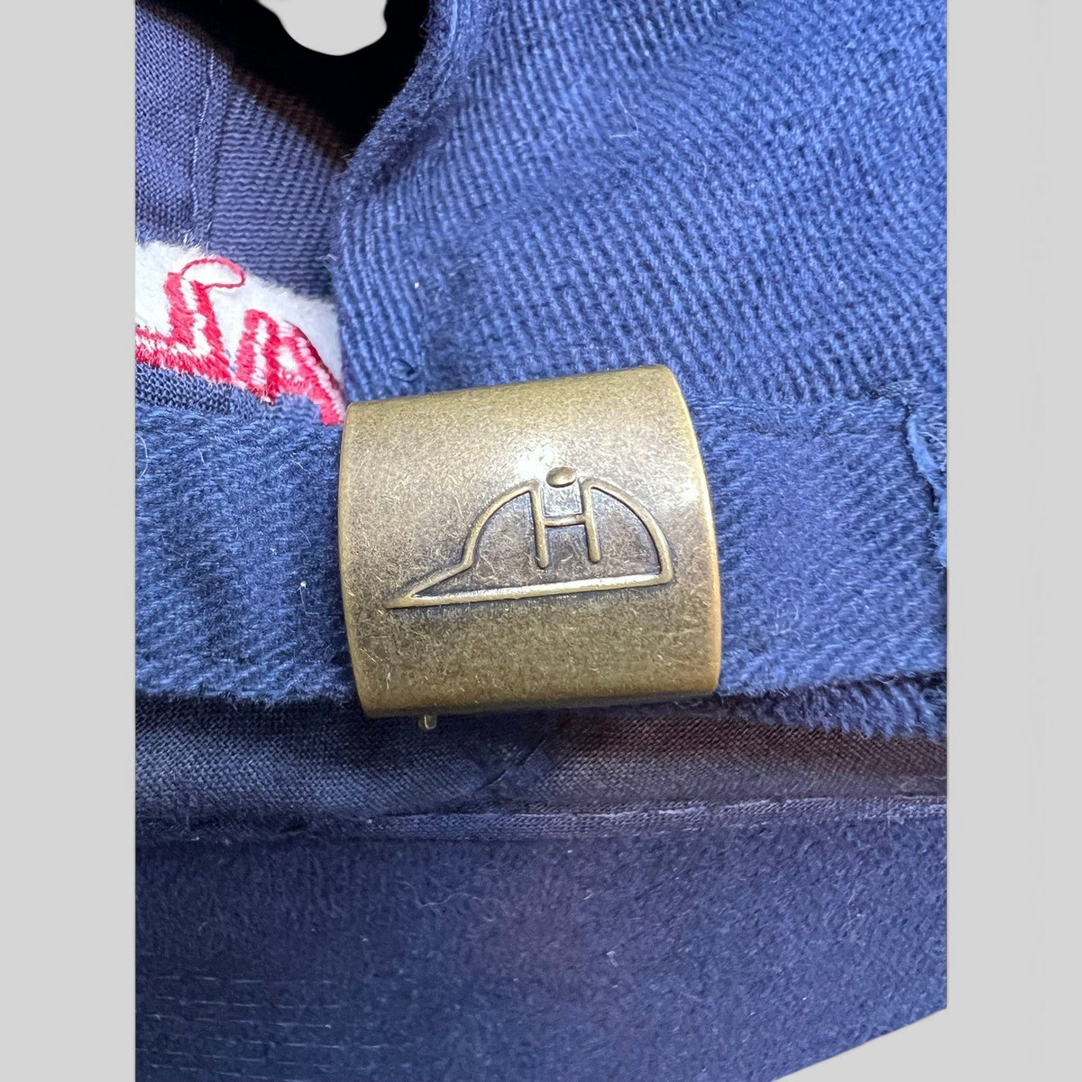 Raree Finds vintage navy blue cotton dad cap featuring a brass strapback clasp with the Headmaster Inc logo