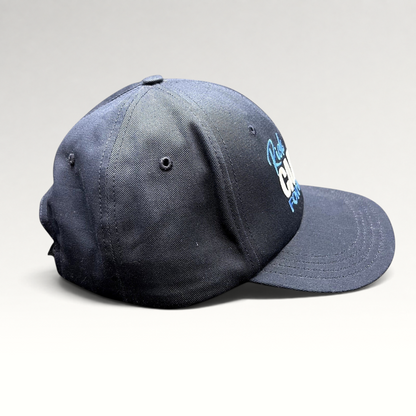 Raree Finds navy blue cotton strapback hat with Rick Caruso for Mayor embroidery, made in USA by Unionwear.