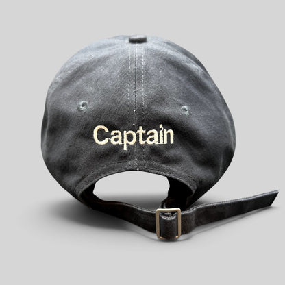 Raree Finds navy blue cotton strapback hat with Captain embroidery on the back and adjustable metal buckle closure