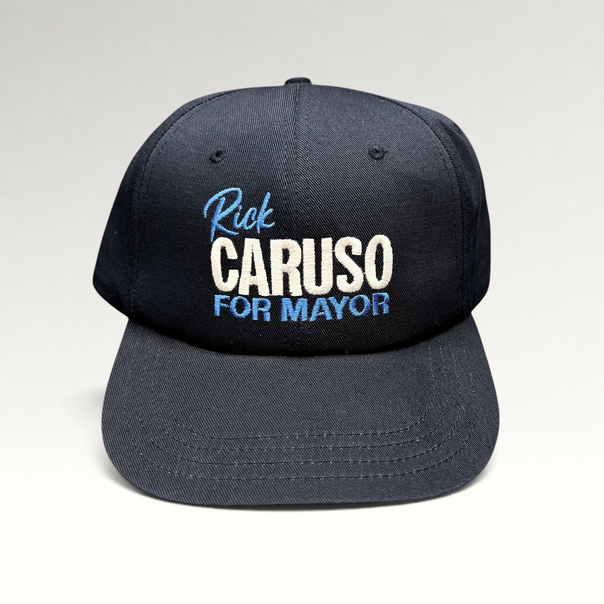 Raree Finds navy blue cotton strapback hat with embroidered Rick Caruso for Mayor campaign logo
