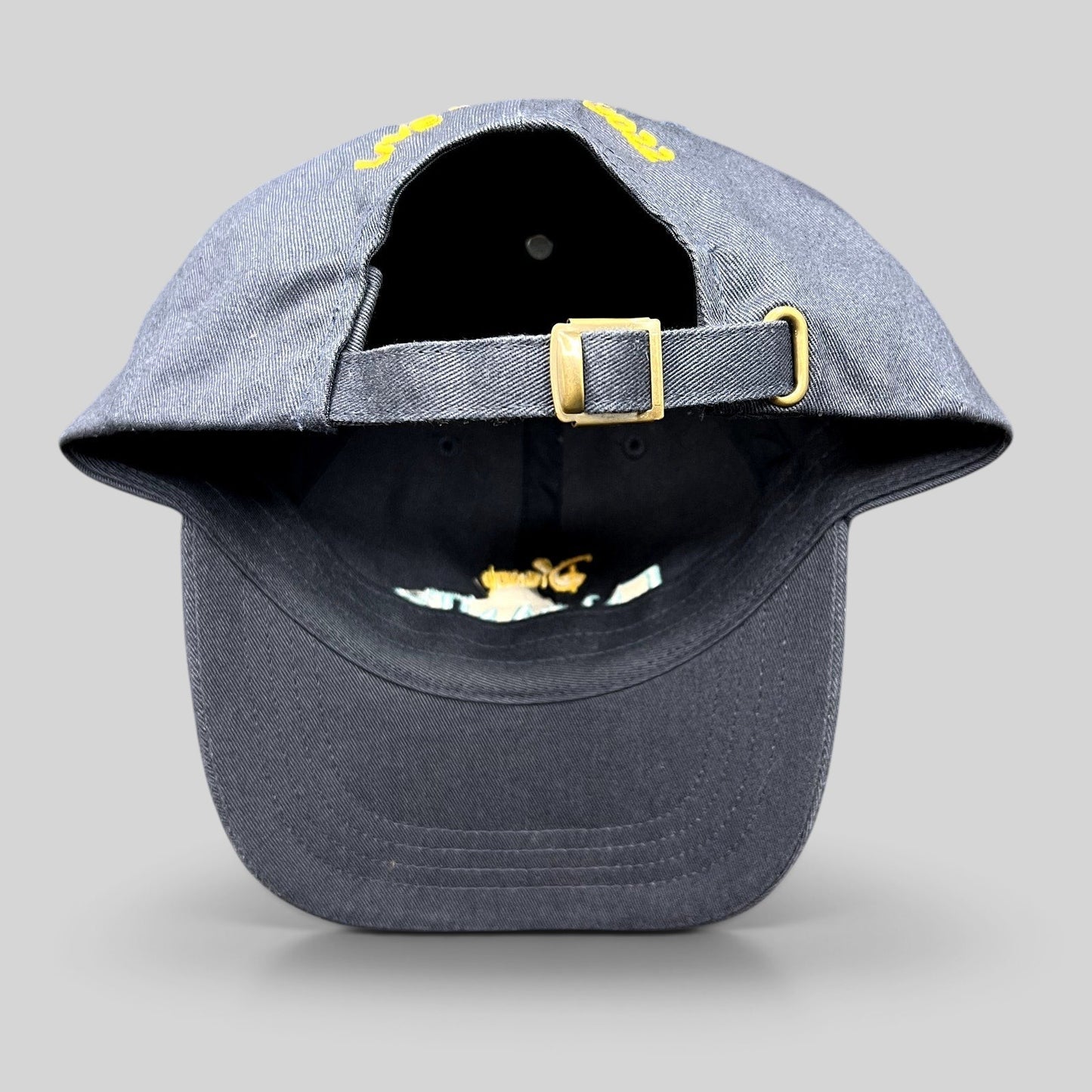 Raree Finds navy blue cotton dad hat with adjustable strapback and brass buckle, featuring Encanto tour embroidery.