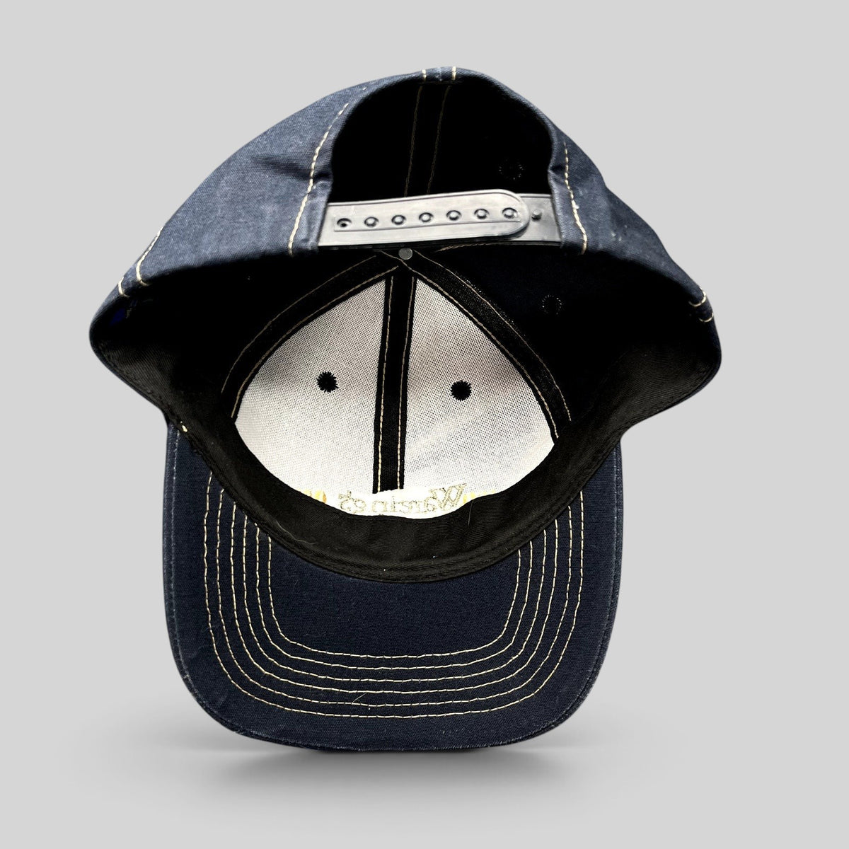 Raree Finds vintage navy blue Wareing’s Gym snapback hat by BIG Accessories with gold contrast stitching, back view.