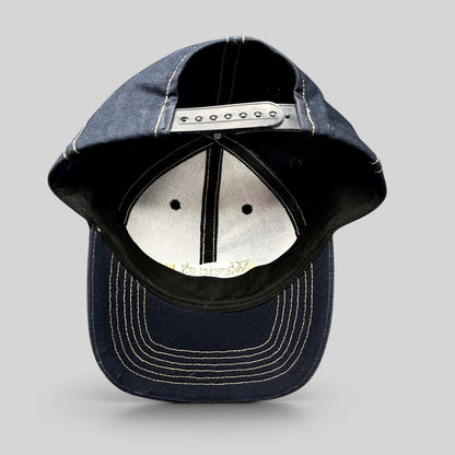 Raree Finds vintage navy blue Wareing’s Gym snapback hat by BIG Accessories with gold contrast stitching, back view.