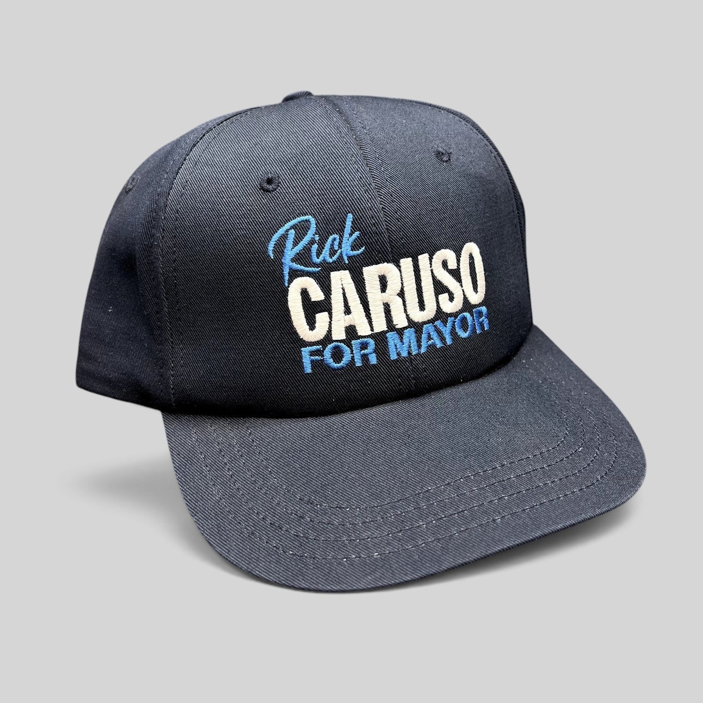 Raree Finds navy blue cotton strapback hat with Rick Caruso for Mayor embroidered logo, made in USA by Unionwear.