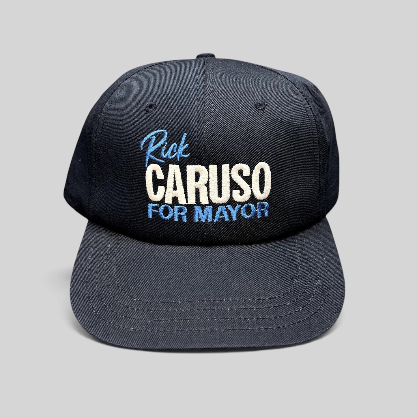 Raree Finds navy blue cotton strapback hat with embroidered Rick Caruso for Mayor campaign logo, made in USA.