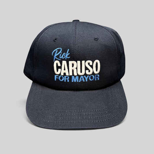 Raree Finds navy blue cotton strapback hat with embroidered Rick Caruso for Mayor campaign logo, made in USA.