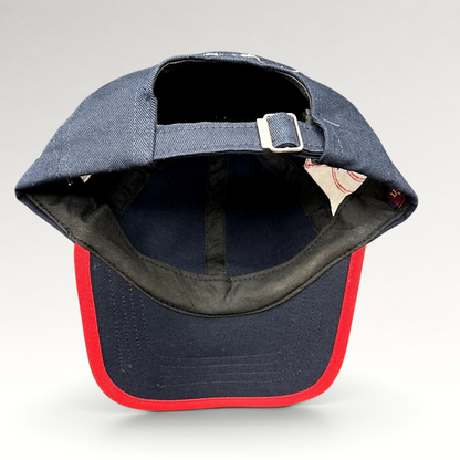 Raree Finds navy blue cotton strapback hat with red brim piping and adjustable metal buckle closure