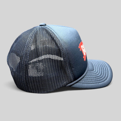Raree Finds navy blue vintage-style trucker hat with mesh back, foam front, and red Go John graphic on side profile