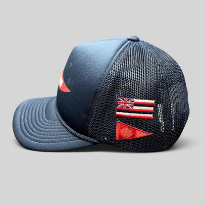 Raree Finds navy blue vintage-style trucker hat with mesh back, braided rope, and embroidered flag side detail.