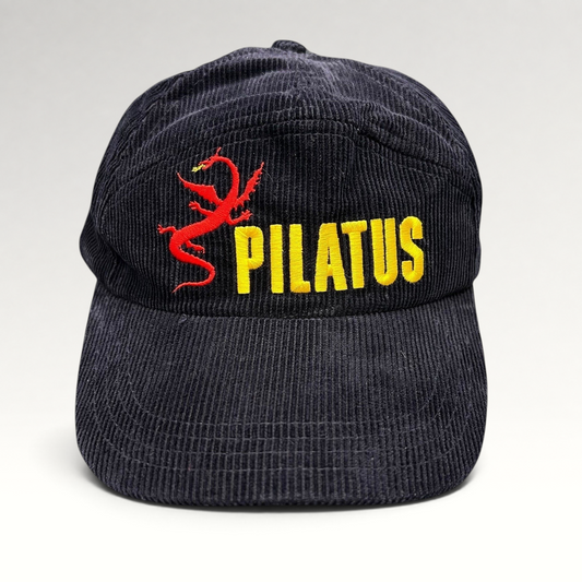 Raree Finds vintage navy corduroy strapback hat with red dragon graphic and yellow Pilatus embroidery