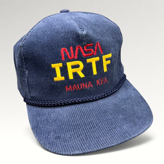 Raree Finds vintage navy blue corduroy NASA IRTF Mauna Kea snapback hat with red and yellow embroidery and rope brim