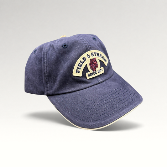 Raree Finds navy blue cotton baseball cap with Field & Stream Since 1871 embroidered patch and cream brim trim