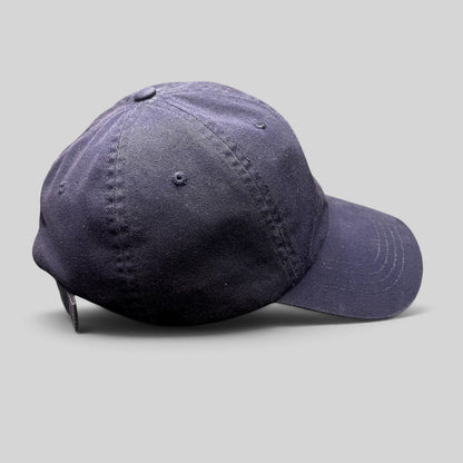 Raree Finds navy cotton chino baseball cap with an adjustable strapback and brass-tone buckle