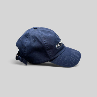 Raree Finds navy cotton dad hat with embroidered Pirate Brands logo and curved brim, side profile view.