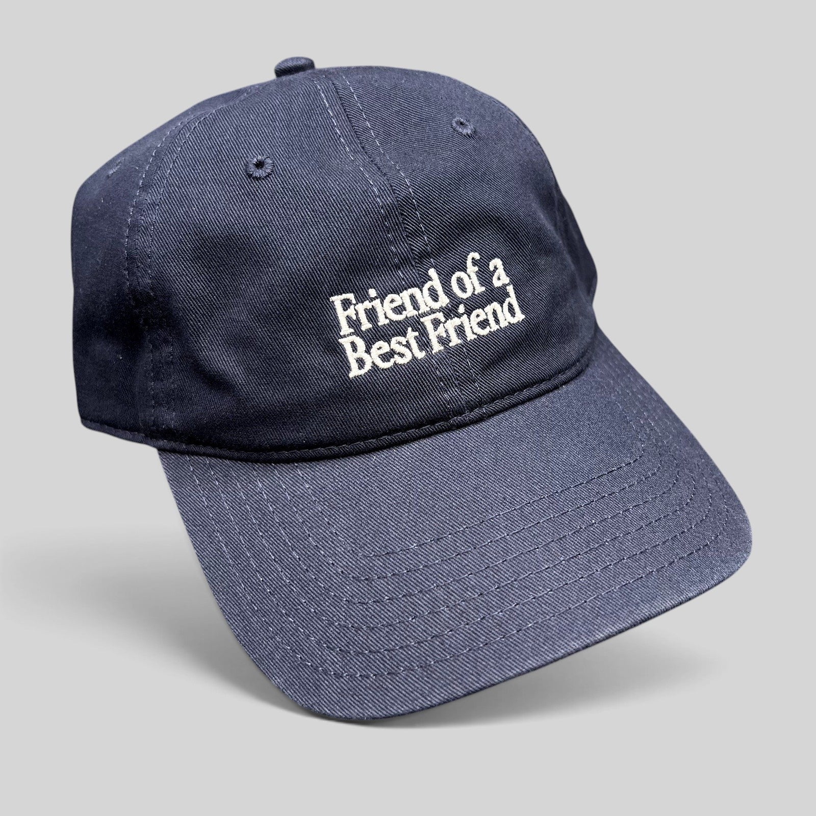 Raree Finds navy cotton twill dad hat with Friend Of A Best Friend white embroidery and curved brim