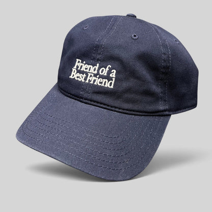 Raree Finds navy blue cotton twill dad hat with white Friend Of A Best Friend embroidery and curved brim