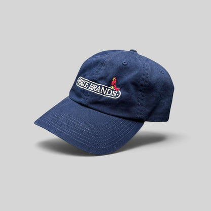 Raree Finds navy cotton dad hat with embroidered Pirate Brands logo and red parrot detail on a curved brim