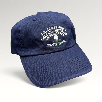 Raree Finds navy blue cotton strapback hat featuring embroidered Vince Gill and Amy Grant charity golf tournament logo