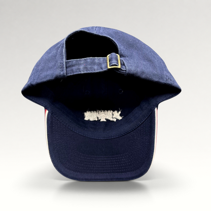 Raree Finds vintage navy blue cotton strapback golf hat with adjustable brass buckle closure