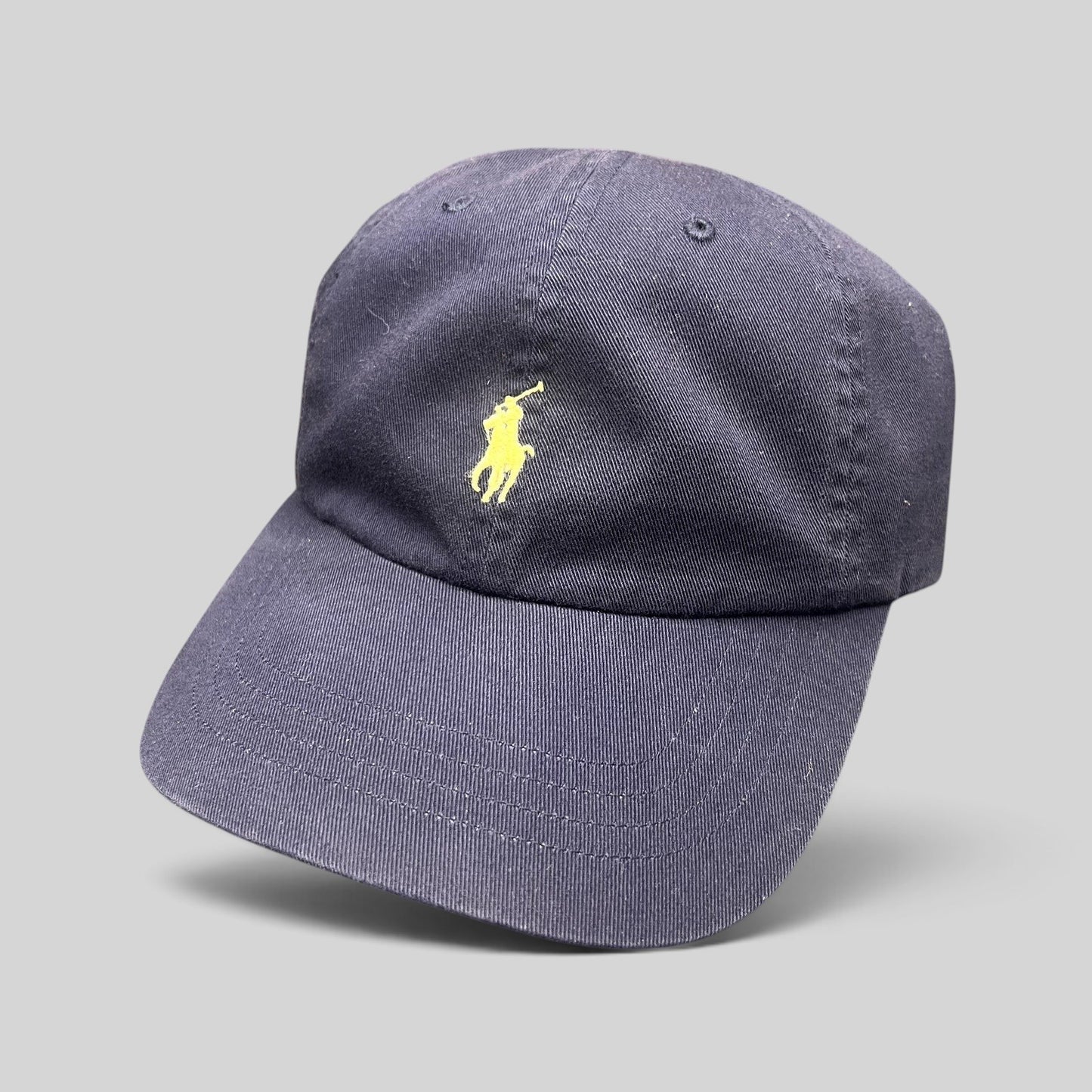 Raree Finds navy cotton chino baseball cap with yellow embroidered Polo Ralph Lauren pony logo and adjustable strap