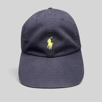 Raree Finds navy cotton chino baseball cap with a yellow embroidered Polo Ralph Lauren pony logo on the front