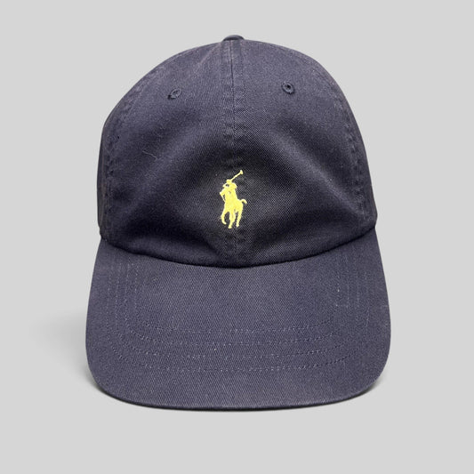 Raree Finds navy cotton chino baseball cap with a yellow embroidered Polo Ralph Lauren pony logo on the front