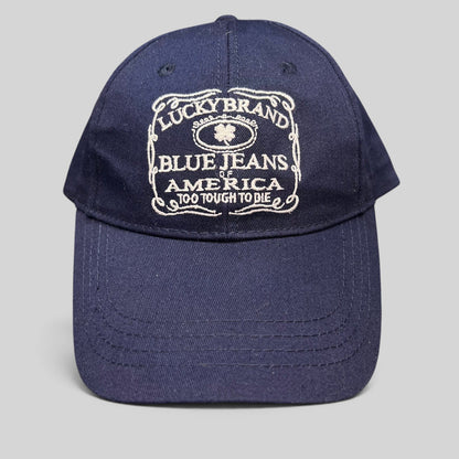 Raree Finds navy cotton twill snapback hat with white Lucky Brand Blue Jeans of America embroidered logo
