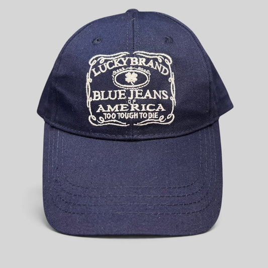 Raree Finds navy cotton twill snapback hat with white Lucky Brand Blue Jeans of America embroidered logo