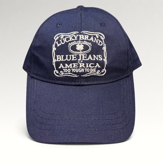 Raree Finds navy cotton twill snapback hat with white Lucky Brand Blue Jeans of America embroidered logo