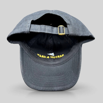 Raree Finds navy blue cotton strapback hat with adjustable brass buckle and embroidered logo detail
