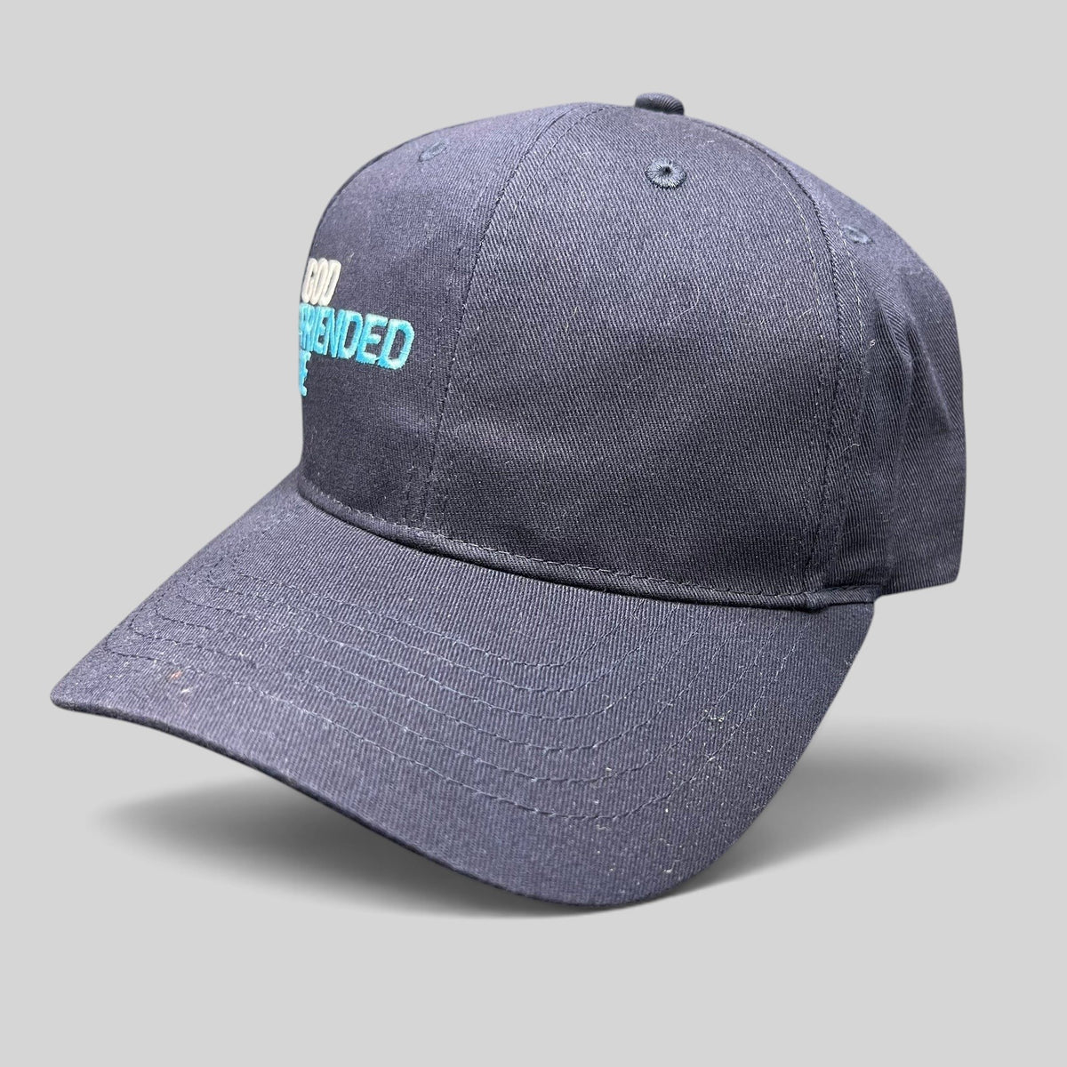 Raree Finds navy blue cotton strapback hat with God Friended Me embroidered logo from Season 2 production crew gear