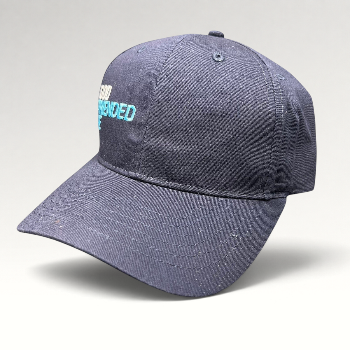 Raree Finds navy blue cotton strapback hat with God Friended Me embroidered logo from Season 2 production crew gear