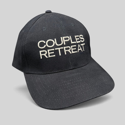 Raree Finds navy cotton strapback hat with white Couples Retreat film embroidery and unstructured crown