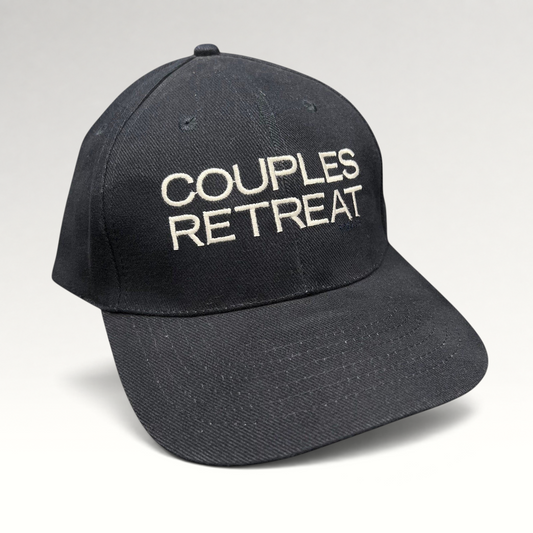 Raree Finds navy cotton strapback hat with white Couples Retreat film embroidery and unstructured crown
