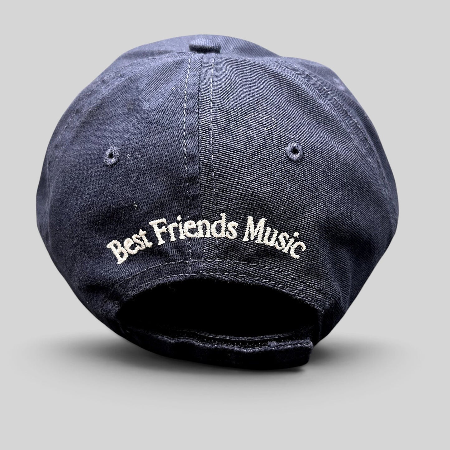 Raree Finds navy blue cotton twill dad hat with Best Friends Music embroidery on the back and adjustable strapback.